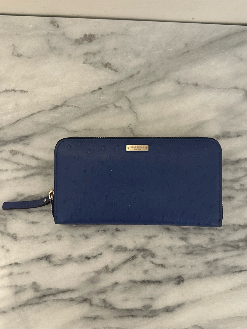 Kate Spade Blue Zip-Around ostrich Leather Wallet